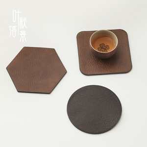 Leather <b>Coaster</b> Hexagon Non Slip New Chinese Style Tea Cup Pad - Product Image 1