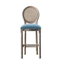 Tabouret de Bar Vintage en Bois Massif avec Dossier en Rotin Chaise Haute de Style Rétro Américain pour Cuisine ou Bar