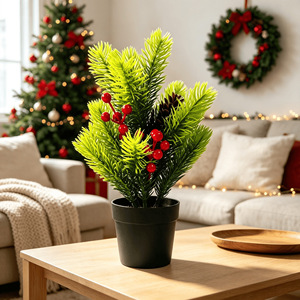 Plante artificielle en pot avec baies rouges et cônes de pin - Matériau plastique, utilisation intérieure, ornement de bureau de Noël, verdure artificielle - Product Image 2