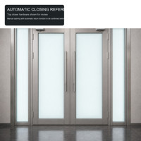 Porte d'urgence en acier inoxydable gris argenté à double battant avec verre ignifuge et ferme-porte automatique, design moderne pour projets commerciaux