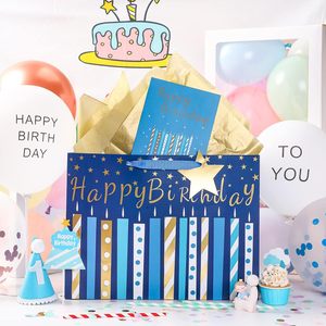 Birthday Gift <b>Bag</b> With Card And Tissue Paper Blue Gold Foil Candle Design 16 Inch Large Size For Birthday Celebration - Product Image 3