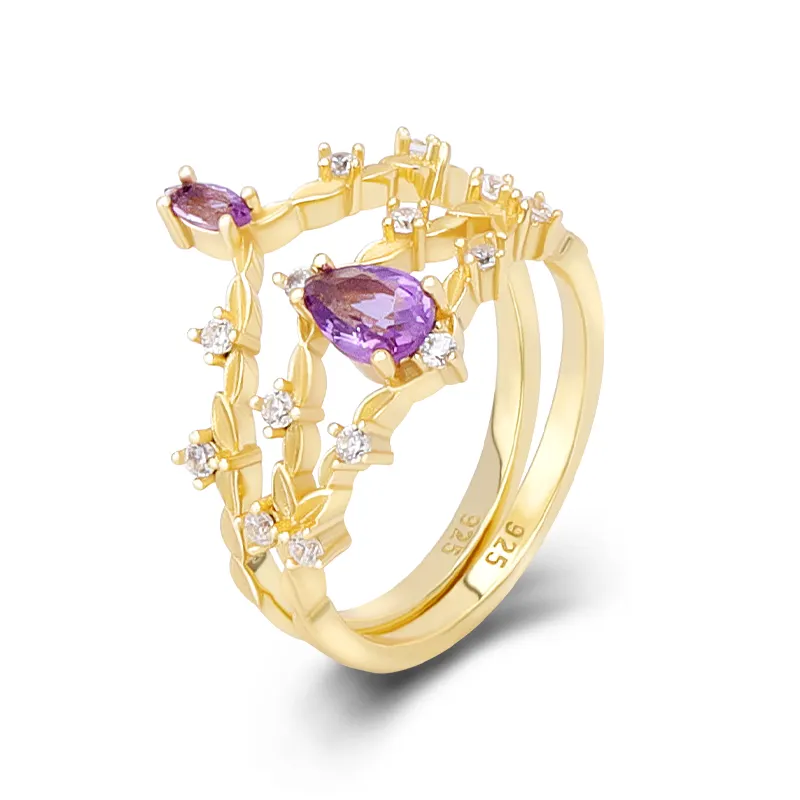 Luxury 925 Sterling Silver 14K Gold Plated Jewelry Gemstone Heart Cut Amethyst Stone Combination Stackable Double Ring Set