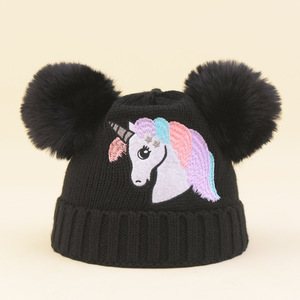 Bonnet d'hiver pour filles avec pompon licorne, bonnet tricoté pour petites filles - Product Image 4
