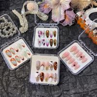 Article populaire : Faux ongles français en PMMA faits à la main, courbure amande moyenne, couvrance totale, dorés 3D, réutilisables, 10 pièces