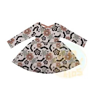 Grosir butik pakaian Halloween anak-anak musim gugur mode gaun perempuan labu kelelawar bunga daun kartun rajut lengan panjang