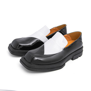 2026 Summer Men's Black & White Color <b>Block</b> Shoes Square Toe Slip-On Shoes with Chunky Heel Trendy All-Match Leather Shoes - Product Image 5