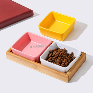Kedi ve köpek kare seramik kase ev kedi köpek maması hayvan mama kabı besleyici sosu aperatif tutucu ile bambu standı - Product Image 3
