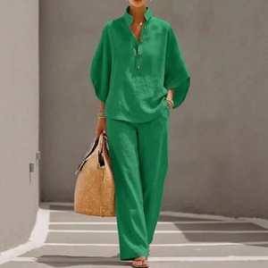 Conjunto de Camisa de Lino para Mujer, Color Sólido, Traje Casual, Tallas SMLXLXXLXXXL4XL5XL, Elegante para el Trabajo, Exportación a Europa y América - Product Image 1