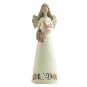 Wholesale Hand-Painted "Blessed" Angel With Bird Figurines Elegant White Angel Gifts Polyresin Crafts Resin Statue