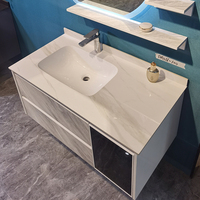 Meuble-lavabo mural moderne en bois massif avec vasque simple en jade blanc (couleur graisse de mouton), vasque à raccordement sans joint, résistant à l'eau