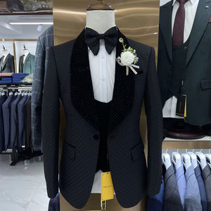Abiti da <span class=keywords><strong>uomo</strong></span> neri 3 pezzi stampa quadrata due spacchi Business Shinny O colletto <span class=keywords><strong>smoking</strong></span> da <span class=keywords><strong>uomo</strong></span> matrimonio abiti Slim Fit MSW4 - Product Image 1