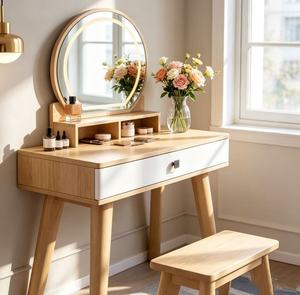 Scandinavian Solid Birch Makeup <b>Vanity</b> With <b>Lighted</b> Mirror And Stool For Bedroom - Product Image 2