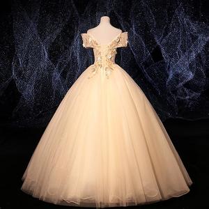 Off The Shoulder Ball Gown Champagne Sky Blue Floral Print Empire Waistline Long Dress For Banquet Stage Performance - Product Image 3