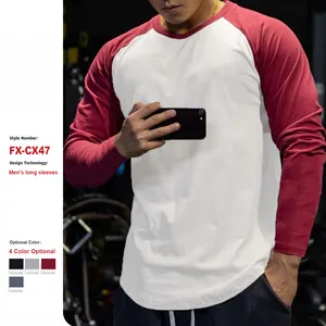 Camiseta de manga longa masculina casual com fundo de cor sólida, camiseta fitness respirável com gola redonda, blusa de cores para músculos e esportes, camisa de cor lisa