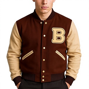 Chaqueta Varsity Vintage para Hombre, Diseño Color Block, Marrón, Estilo Letterman, Cuello Mao, Logotipo Frontal, 100% Algodón/Lana, Transpirable - Product Image 1