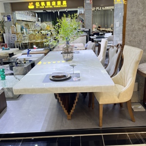 Bàn ăn bằng đá cẩm thạch tự nhiên Bàn ăn mặt phẳng lớn Bàn ăn bằng đá sang trọng mới nguyên bản của nhà thiết kế Chân gỗ nguyên khối - Product Image 3