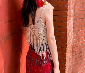 2024 bohème <span class=keywords><strong>Crochet</strong></span> creux tricoté gland bretelles ample col en v court sans manches Style ethnique Sexy femmes <span class=keywords><strong>gilet</strong></span> - Product Image 2