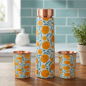 White Yellow Floral Copper <b>Water</b> <b>Bottle</b> with Two Cups Portable <b>Metal</b> Flask Travel Drinkware - Product Image 1