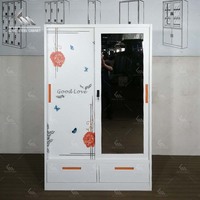 Armoire métallique à portes coulissantes imprimées florales, avec miroir et 2 tiroirs inférieurs, vente en gros d'usine