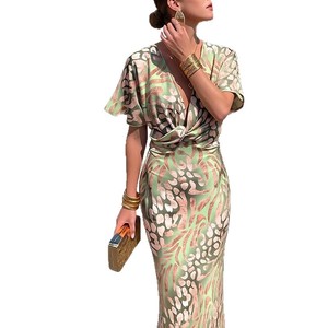 Nuovo Stile Abito Estivo da Donna Elegante per l'Ufficio, Vestito Stampato con Scollo a V e Vita Stretta a Maniche Corte - Product Image 5