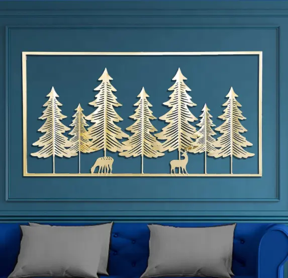 Meeear – décoration murale de noël, doré, rectangulaire, en métal, avec cadre, pin et renne