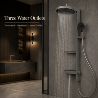 Système de douche pluie gris anthracite en acier inoxydable avec douchette à main, étagère de rangement intégrée, colonne de douche murale pour usage hôtelier