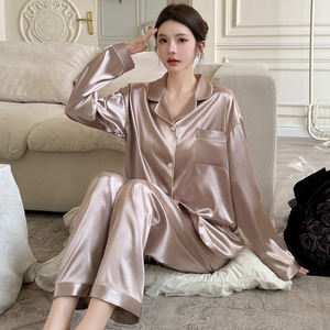 ชุดนอนผ้าไหมน้ำแข็งสีพื้นสำหรับผู้หญิง แขนยาว สไตล์ใหม่ แฟชั่นฤดูใบไม้ผลิและฤดูใบไม้ร่วง ชุดลำลอง - Product Image 2