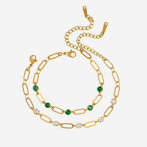 Pulsera de cadena de acero inoxidable con oro de 18 quilates y circonitas verdes y blancas con diseño geométrico para uso diario, joyería unisex. - Product Image 1