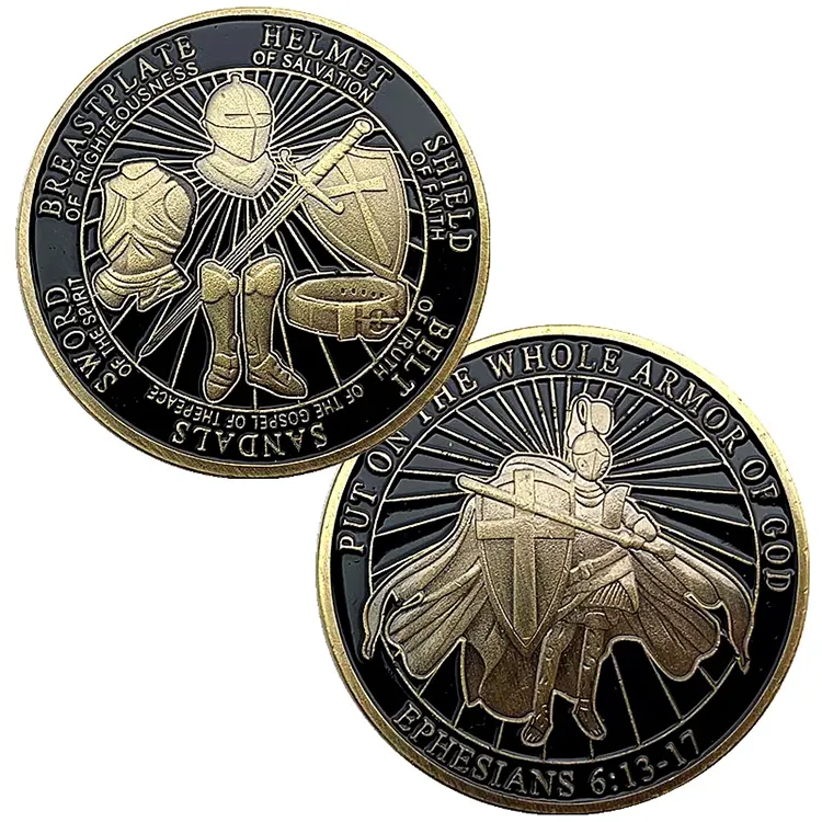 Pièces de monnaie maçonniques personnalisées en gros Armure de Dieu Chrétien Pièce de défi en métal 3d vierge