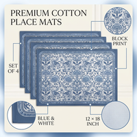 Ensemble de 4 sets de table en toile tissée bleue à motifs floraux, 12x18 pouces, vente en gros |   Sets de table Chinoiserie à motifs imprimés |   Table à manger vintage bohème