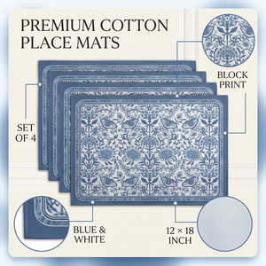 Ensemble de 4 sets de table bleus à motifs floraux, 12x18 pouces |   Sets de table en coton imprimé chinoiserie |   Table à manger vintage bohème - Product Image 3