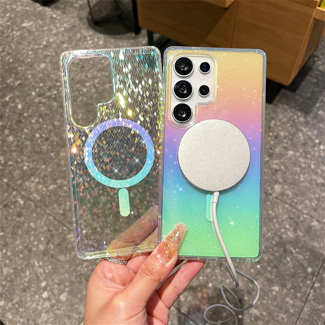 Rainbow Glitter clear Magnetic PC Mobile Phone Case for Samsung S26 ultra S25 S24 FE Tpu Hard Bling Diamond Texture Back Cover