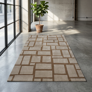 Tapis géométrique moderne rectangulaire beige et marron à motif quadrillé, à poils moyens, tufté, avec envers antidérapant en caoutchouc pour chambre à coucher et décoration intérieure - Product Image 5