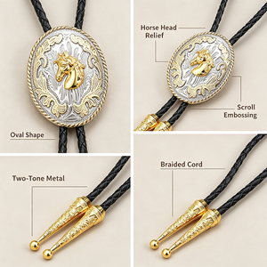 Cravate Bolo Western avec pendentif ovale en forme de cheval, finition métallique bicolore, cordon en cuir tressé, style classique, accessoire à porter au quotidien - Product Image 5