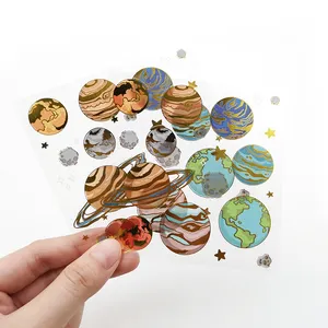 Adhesive Vinyl Clear Transparent Golden Foil Planet Decorative Cartoon Wall Stickers Sheet for Kids