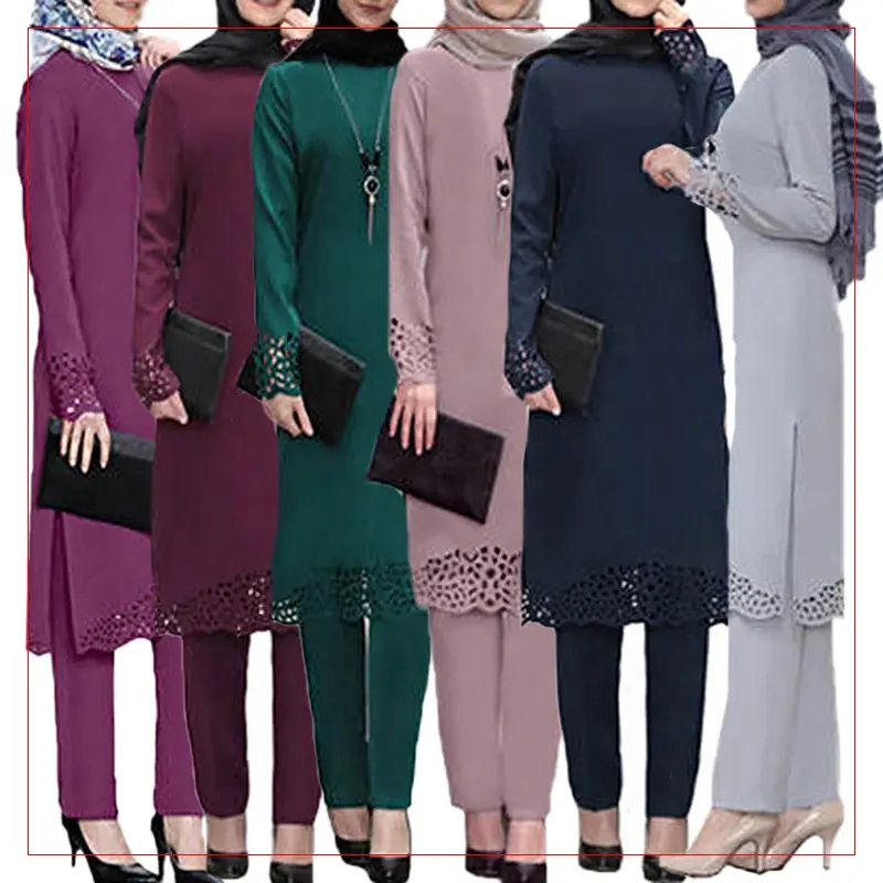 Moderne Elegante Vrouwen 2 Set Jurk 100% Polyester Moslim Jurk Plain Casual Islamitische Kleding