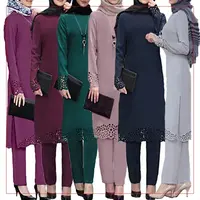Vestido com 2 conjuntos de roupas, moderno, elegante, feminino, 100% poliéster, vestido muscular liso, casual, islâmico, roupas
