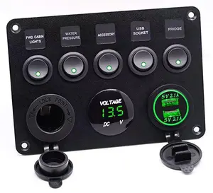 5 Gang Rocker Dual Usb Charger + Digitale Voltmeter + 12V Outlet Pre-Wired Switch Panel Met Circuit breakers