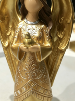 Statuette d'ange doré en résine tenant un oiseau, statue d'ange commémorative de sympathie, statue d'ange doré élégante avec des ailes dorées assorties