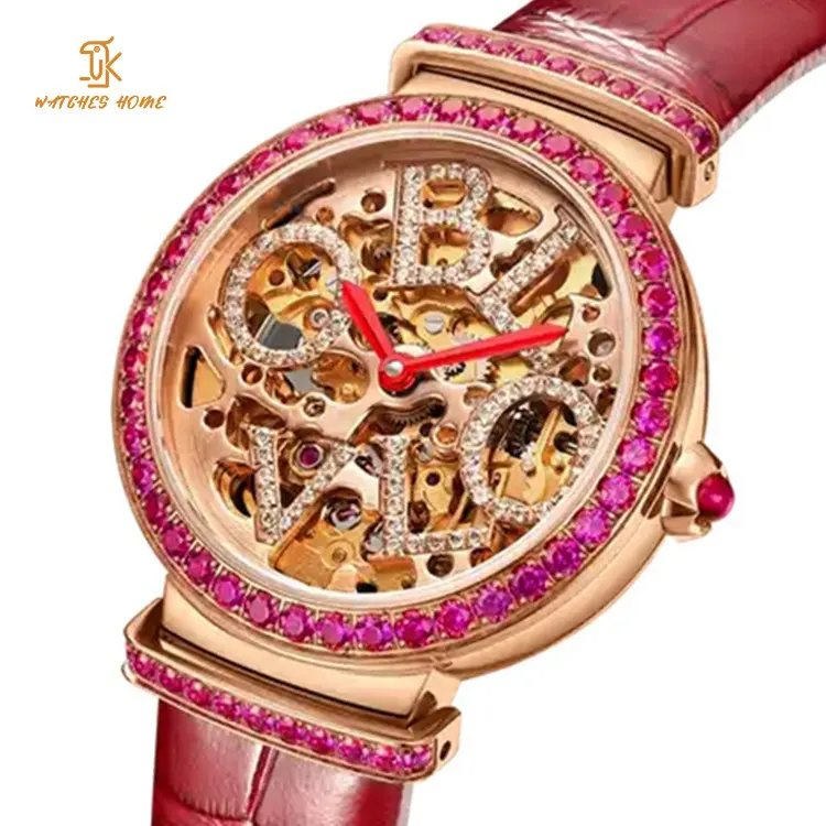 تصميم بنفسك المويسانيت نقوش ساعة فاخرة للنساء الماس التلقائي هيكل عظمي سيدة الساعات الميكانيكية التصنيع