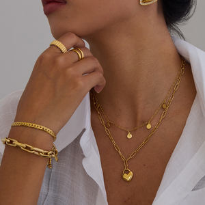 Moda de acero inoxidable Paperclip cadena collar corazón colgante collar Mujeres 18K chapado en oro pulsera collar conjuntos joyería - Product Image 1