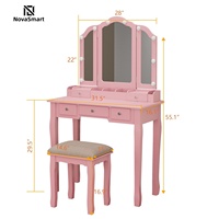 Coiffeuse rose avec miroir LED triple pliable et chaise réglable, idéale pour chambre de fille