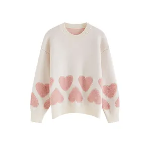 YT Round Neck Plush Love Heart Pattern Knitted Pullover Women's Knitted Sweater