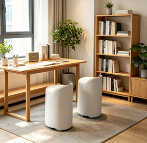 Tabouret de maquillage minimaliste en cuir PU blanc crème, dossier incurvé, poignée à anneau, rangement cylindrique dissimulé - Product Image 4