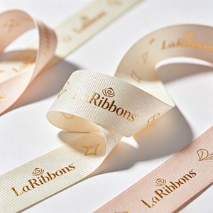Elegant Neutral Series Gold Logo Print Polyester Grosgrain <b>Ribbon</b> Bulk Rolls For Luxury Present Box Floral Arrangement - Product Image 2