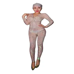Mesh transparent full diamond model dj steel pipe gogo elastic long jumpsuit stage host catwalk costumes