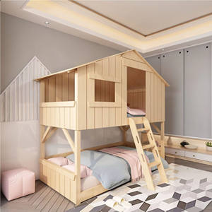 Lit superposé en bois massif durable pour enfants Tree House avec toboggan, design ferme et scolaire, lit familial haut/bas - Product Image 2