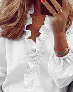 S-5XL primavera estate donne eleganti Pullover <span class=keywords><strong>con</strong></span> scollo a v camicie moda nuove <span class=keywords><strong>volant</strong></span> manica lunga top Office Lady camicetta Vintage - Product Image 4