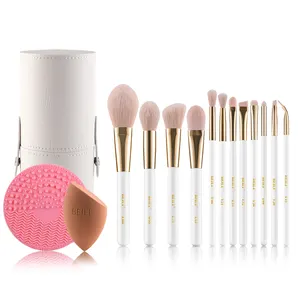 BEILI Glitz And Glam 12 Piece Essentials Synthetic Hair Makeup Brush Set White Wooden Handle Makeup Brushes With Cosmetics Bag