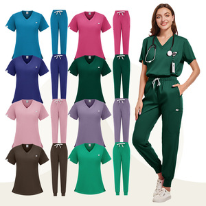 Women Hospital Scrub Set V-Neck Short Sleeve Elastic Cuff Work Uniform Moisture Wicking Knitted Split Set S XXL - Product Image 1
